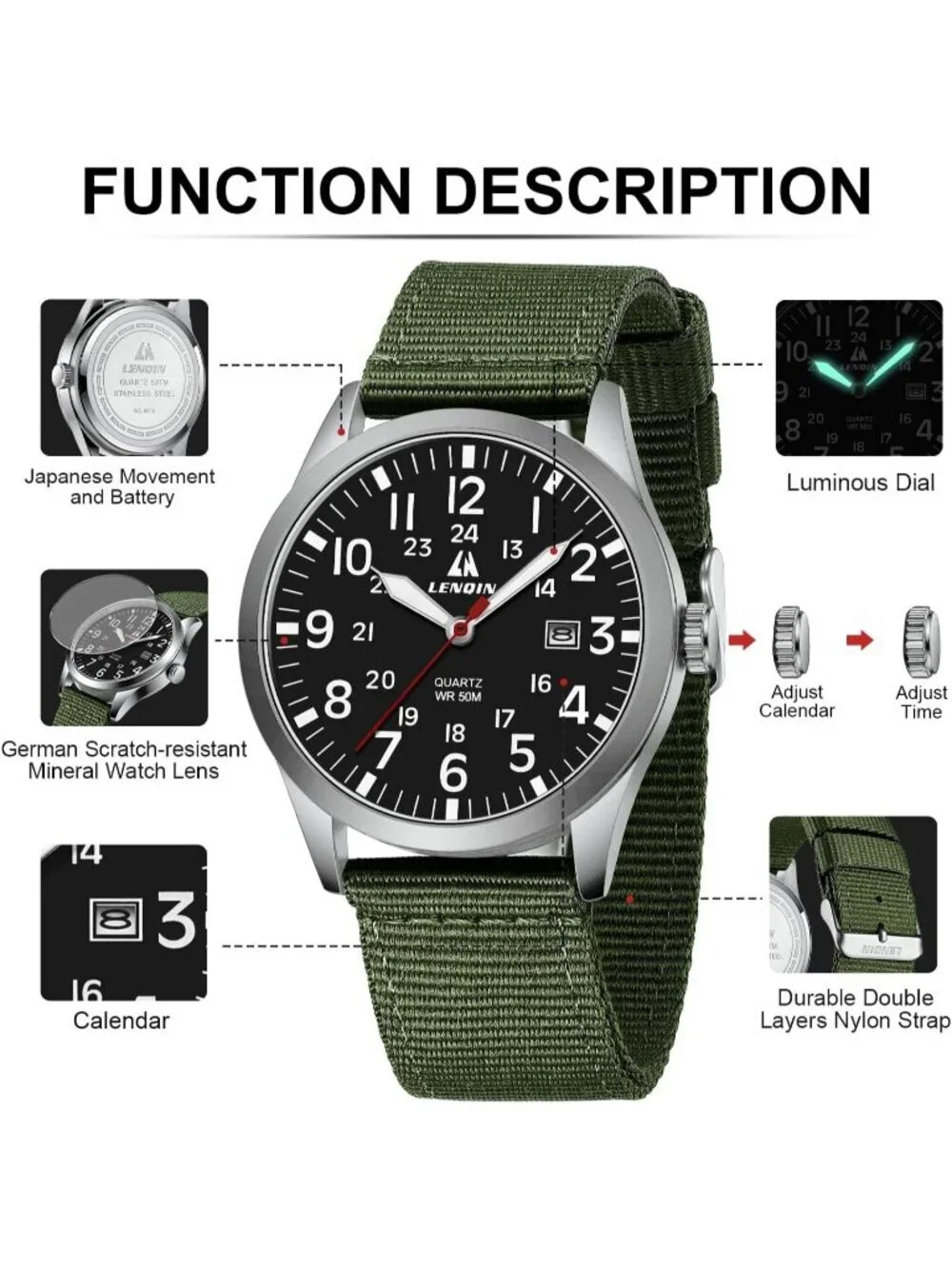 Men's Silver Green Nylon Strap Stylish Luminous Unisex Military Tactical Watch